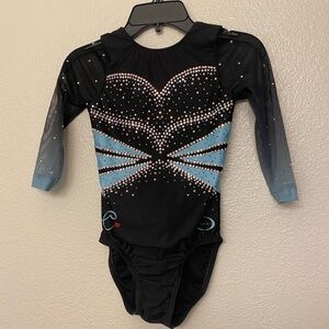 Ozone gymnastics blue ombre rhinestoned collectible custom leotard mesh 3/4 YL